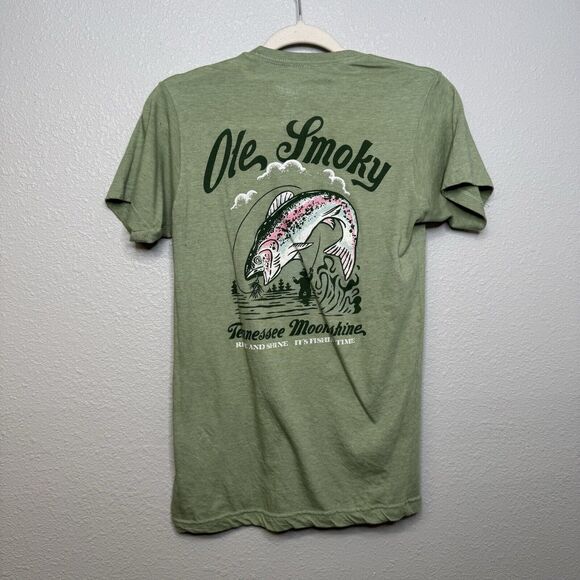 Women's Ole Smoky Tennessee Moonshine Shirt Size S Green Trout Fishing Print - Picture 1 of 3
